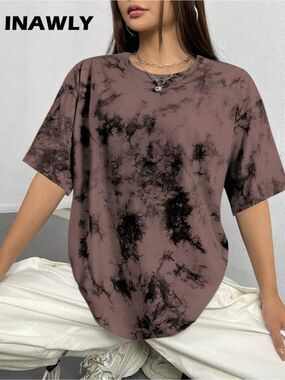 INAWLY Tie Dye Drop Shoulder Oversized Graphic Tee